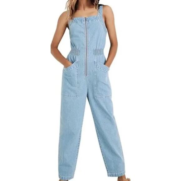 Madewell Smock Waist Denim Jumpsuit Pantsuit Overalls Zip up Blue Jeans Medium - Picture 3 of 12